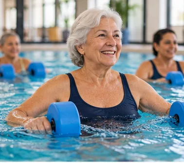 Mulher praticando hidroginástica em piscina
