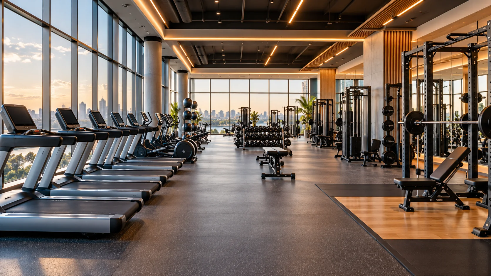 Área de musculação e equipamentos modernos